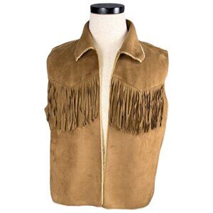 Vintage Valerie Stevens Womens Fringe Vest Faux Suede Shearling Lined Western L